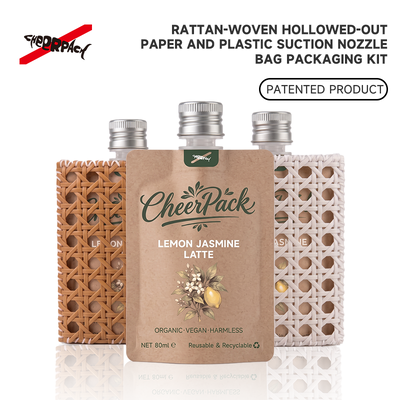 جودة  Reusable Rattan Woven Spout Pouch with Aluminum Cap | CheerPack Patented 100ml rattan-woven hollow-out spout pouch with reusable Sleeve and aluminum screw cap. Eco cosmetic packaging, OEM/ODM welcome. مصنع