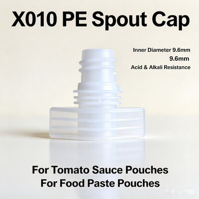X010 9.6mm food grade PE plastic spout cap, acid & alkali resistant. Ideal for ketchup, sauce & paste stand-up spout pouches. Good heat welding, leak-proof threaded design for food liquid packaging.