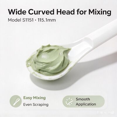 Food grade PP cosmetic spatula S1151, 115.1mm plastic beauty mixing scoop. Smooth curved head for mixing mask powder & applying skincare cream, ideal for beauty salon & home DIY skincare
